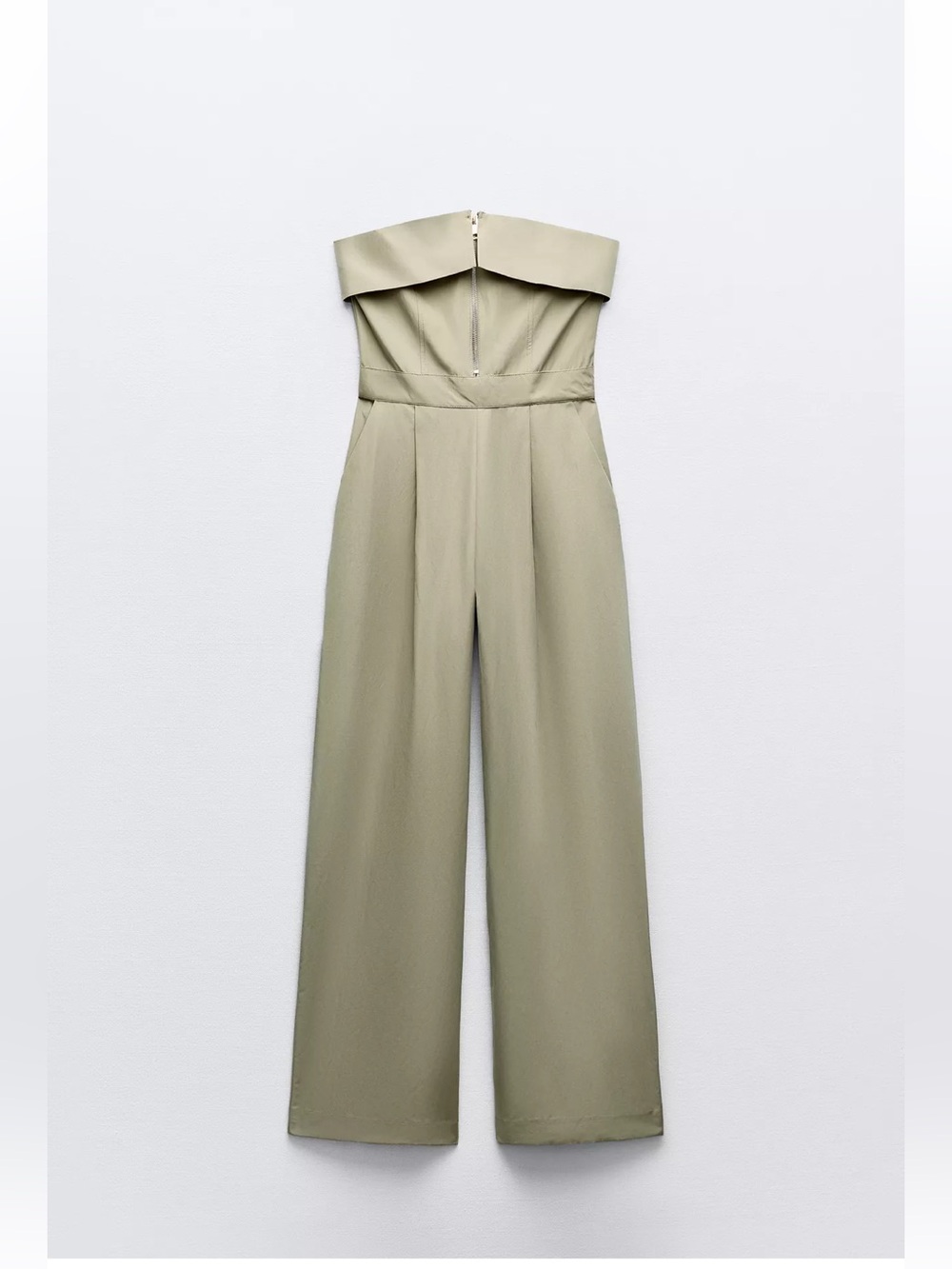 Zara Strapless Fold-Over Wide-Leg Jumpsuit in Olive Green
